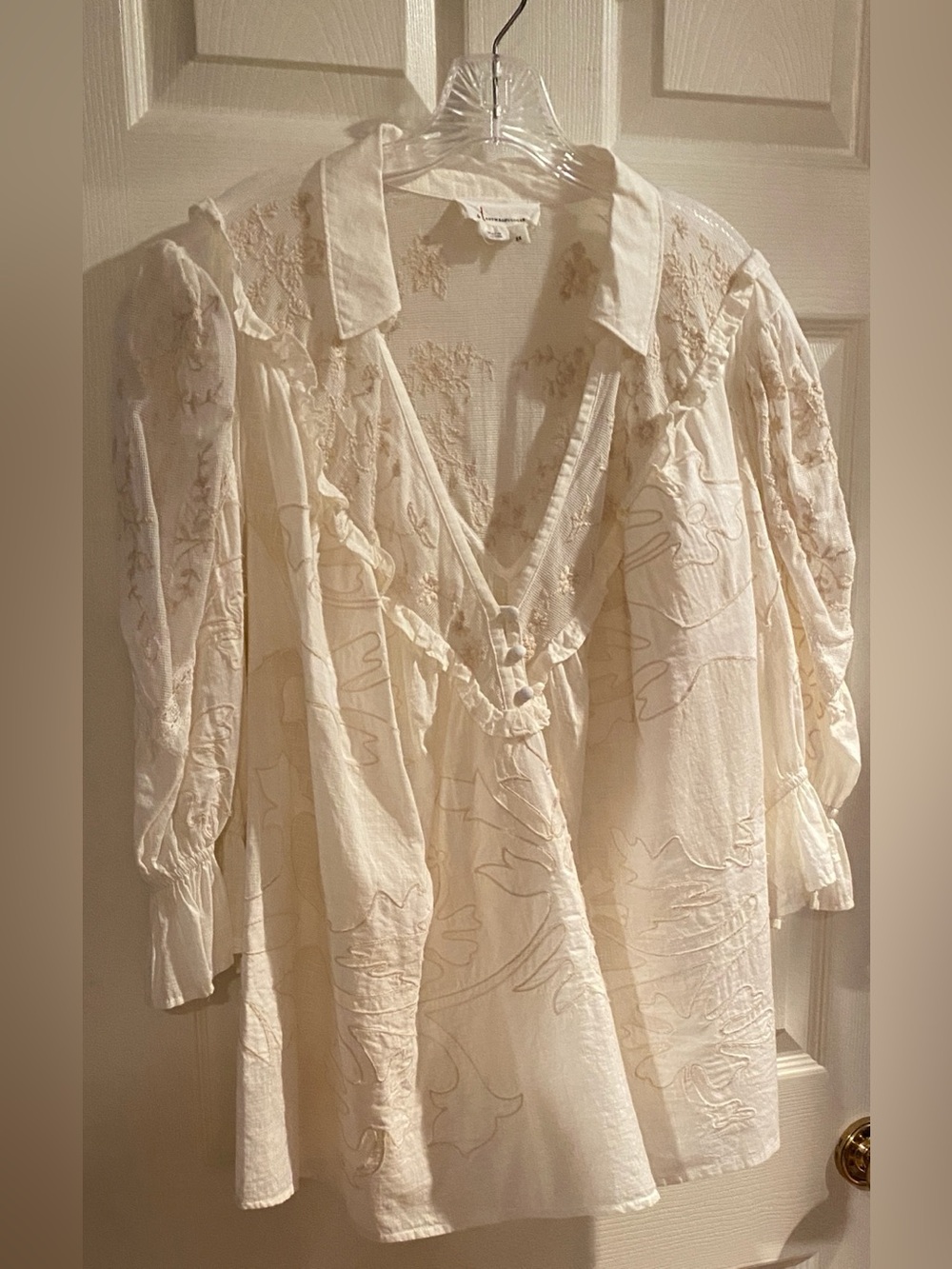 Anthropologie Cream Embroidered V-Neck Tunic